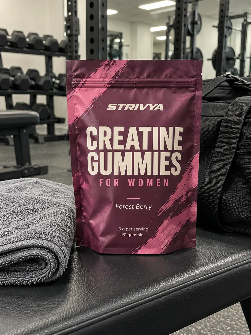 Strivya pouch on a gym bench next to a towel.