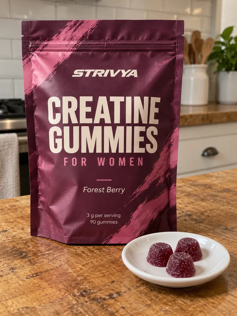 Strivya pouch on a kitchen table with three gummies on a small plate.