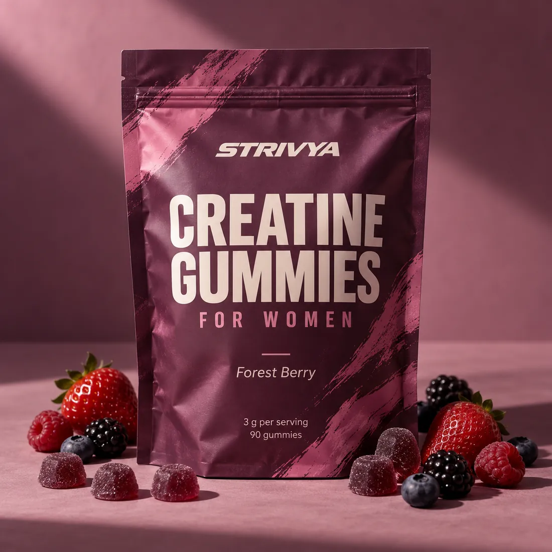 Strivya Forest Berry creatine gummies pouch with berries.