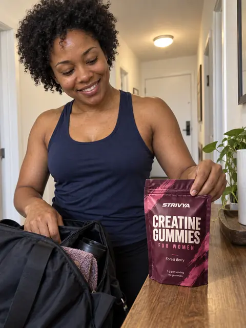 A woman packing a gym bag next to a Strivya pouch (illustrative image).